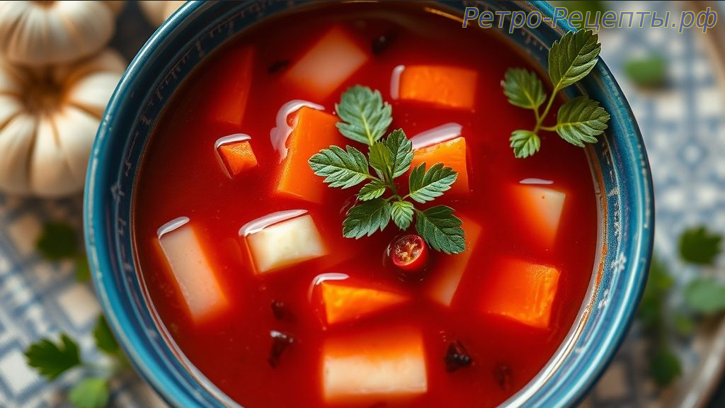 Борщ с говяжьим языком, чесночным хлебом и грудинкой